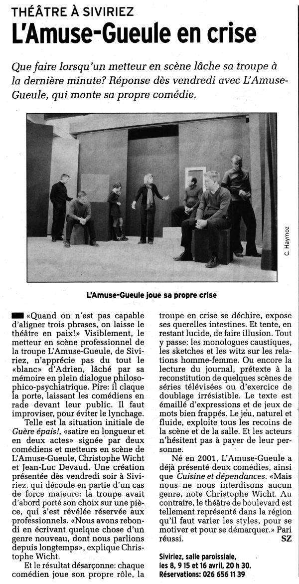 Création Troupe théâtre l'Amuse-Gueule "Guère épais" - article presse